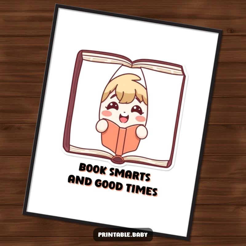 Funny Free Printable Wall Art showing a joyful book character peeking from pages with a happy smile.