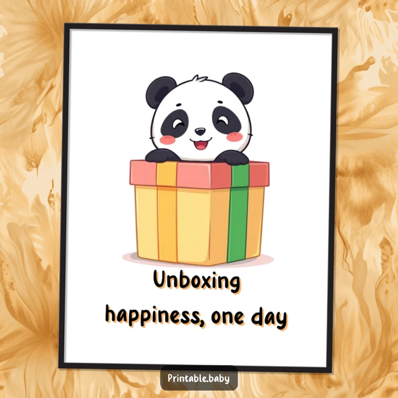 Funny Free Printable Wall Art: Cheerful panda bear popping out of a giant gift box, bringing joy and whimsy to any room.