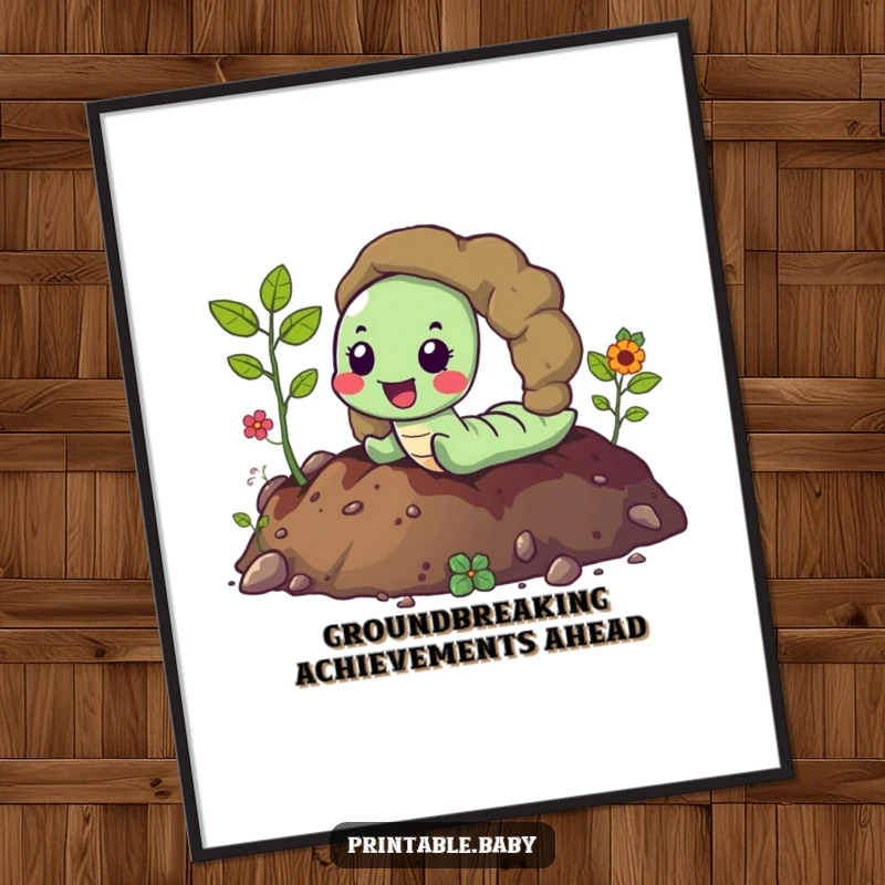 Funny Free Printable Wall Art of a happy worm joyfully tunneling through rich, vibrant soil.