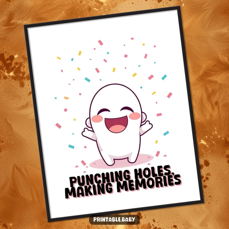 Funny Free Printable Hole Punch Wall Art: A laughing hole punch character showers the area with falling confetti.