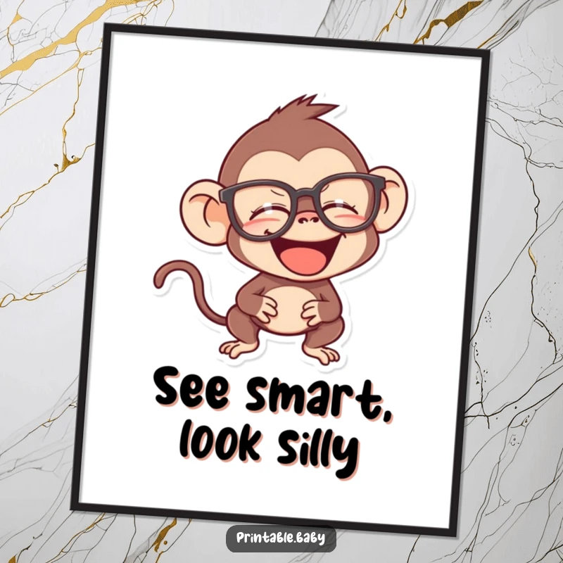 Funny Free Printable Wall Art: A mischievous monkey with a gleeful giggle, wearing a pair of oversized, funny spectacles.