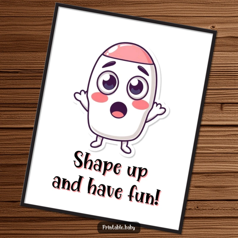 Funny Free Printable Wall Art: Wide-eyed surprised eraser character comically shrinking a shape, perfect for quirky decor.