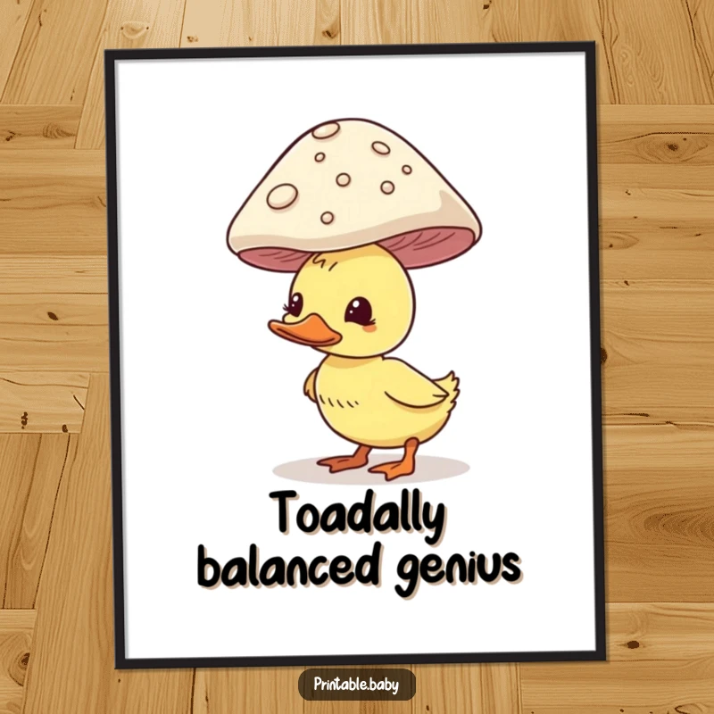 Funny Free Printable Wall Art: A comical duckling precariously balancing a large, colorful mushroom on its head.