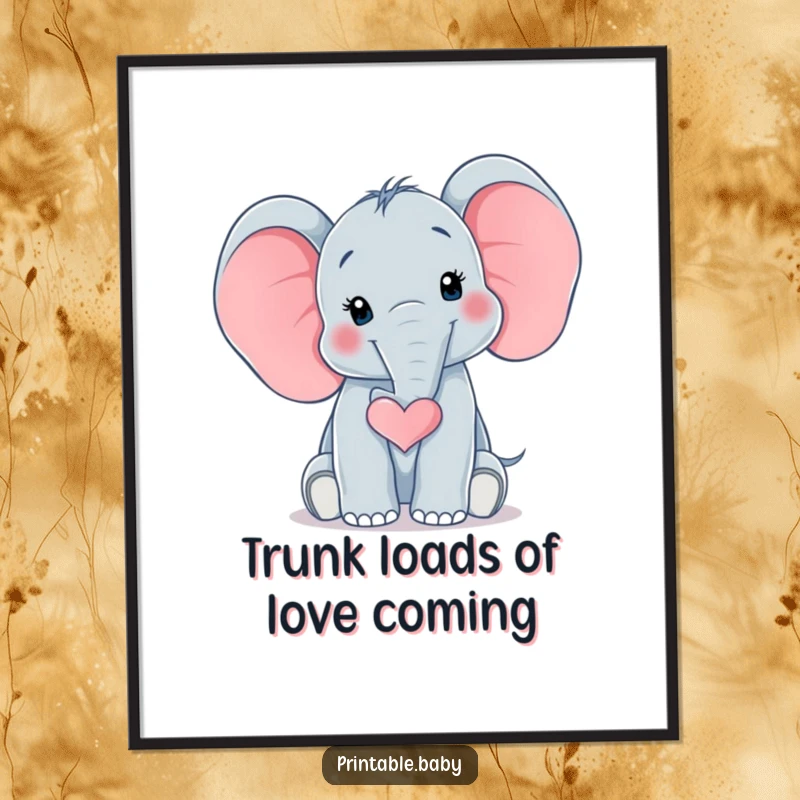 Funny Free Printable Wall Art: A surprised baby elephant charmingly curls its trunk into a perfect heart shape, radiating affection.