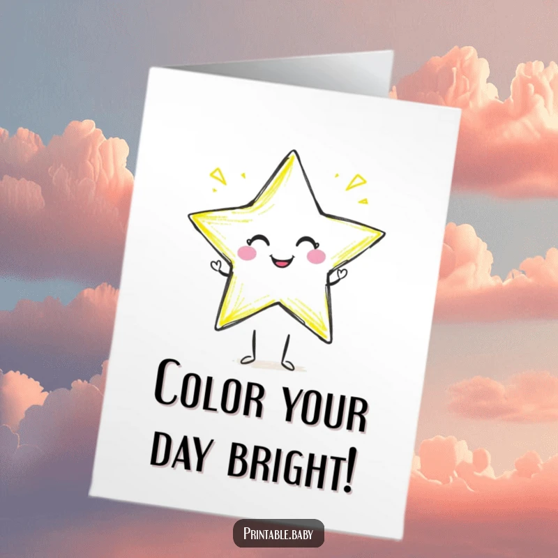 Funny Free Printable Birthday Card: Smiling crayon character joyfully draws a big, bright star.