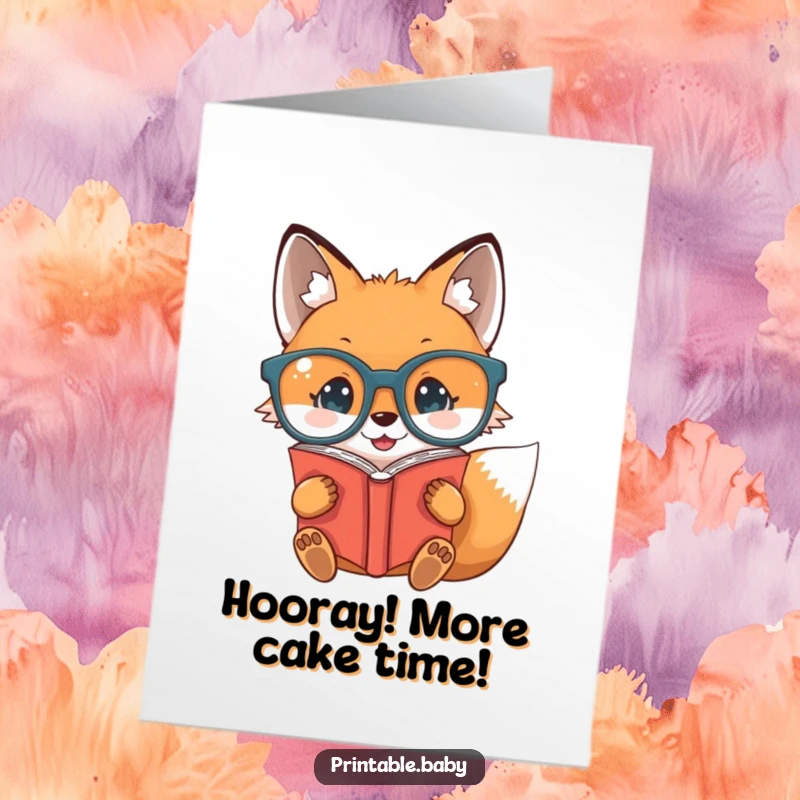 Funny Free Printable Birthday Card: Cheerful baby fox in oversized glasses reads a book upside down, looking studious and silly.