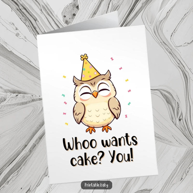 Free Printable Birthday Card: Giggling owl wearing a festive party hat, with colorful confetti falling around it, ready to party.