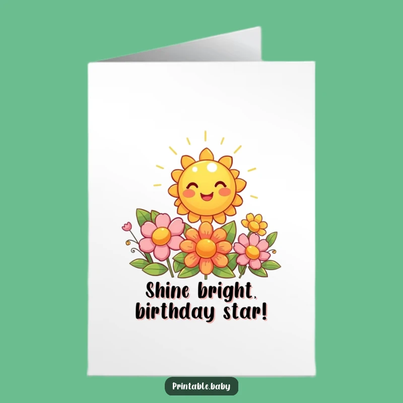Free Printable Birthday Card: Giggling Sun & Flowers, Cheerful Downloadable Gift