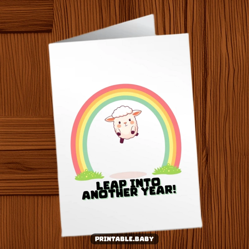 Free Printable Birthday Card: Happy sheep joyfully leaping over a vibrant rainbow arch, sending cheerful birthday greetings.