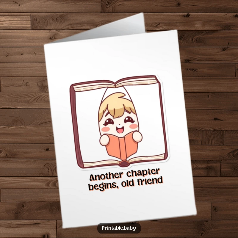 Funny Free Printable Birthday Card featuring a joyful book character peeking from pages with a big smile.