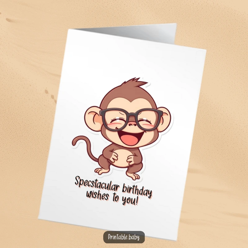 Funny Free Printable Birthday Card: A mischievous monkey giggling uncontrollably while sporting a pair of oversized spectacles.