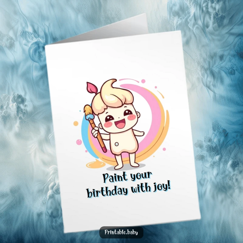 Funny Free Printable Birthday Card: A cheerful paintbrush character excitedly painting a vibrant rainbow swirl.