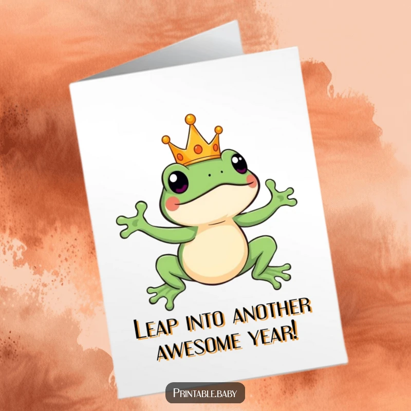 Funny Free Printable Birthday Card featuring a joyful frog with a crown leaping through the air.