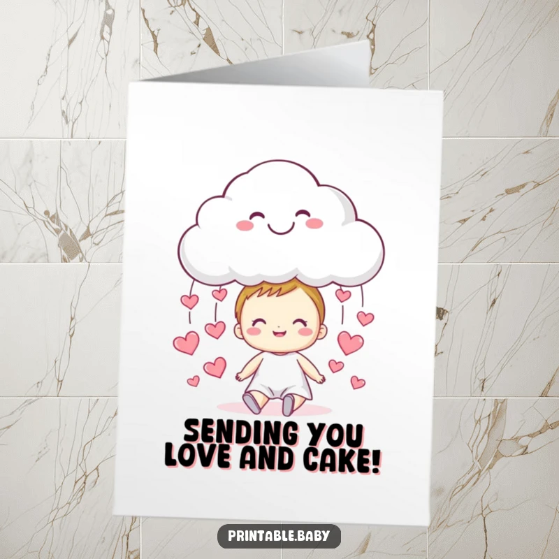Free Printable Birthday Card: A smiling cloud showers tiny hearts down onto a happy, smiling child, celebrating love and joy.