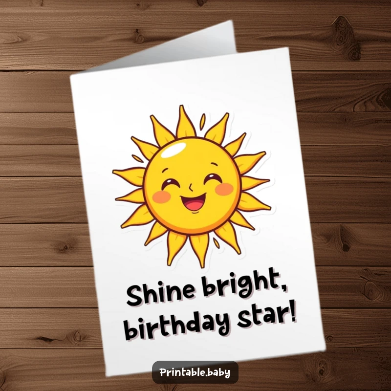Funny Free Printable Birthday Card featuring a beaming sun character radiating happiness onto a cheerful outline.