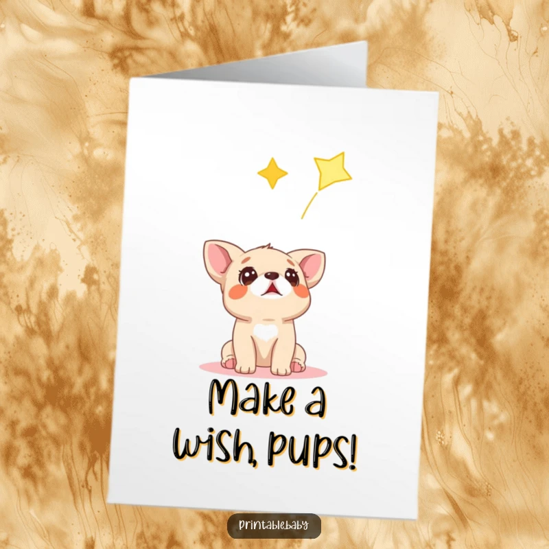 Funny Free Printable Birthday Card: A wide-eyed puppy gazing in awe at a dazzling falling star, ready for birthday wishes.