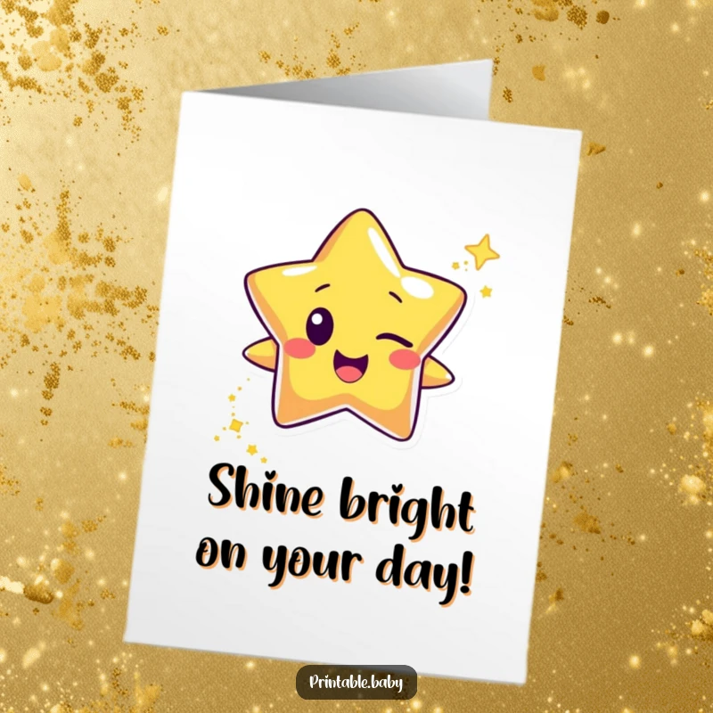 Funny Free Printable Birthday Card: Happy star character winking, leaving a trail of glitter, celebrating joyfully.