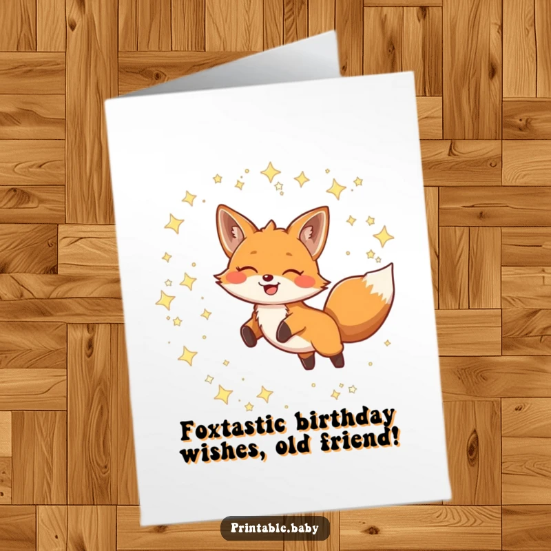 Funny Free Printable Birthday Card: Smiling fox leaping through starry constellations, radiating pure joy and birthday cheer.