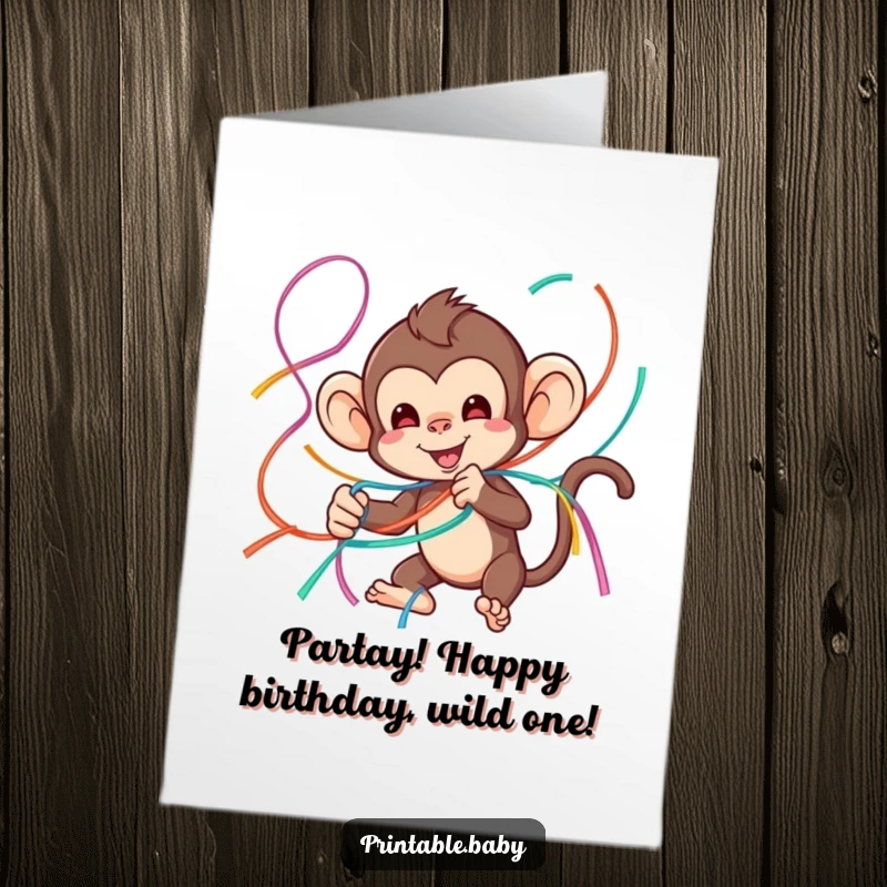 Funny Free Printable Birthday Card featuring a playful monkey hilariously tangled in colorful streamers, mid-party chaos.