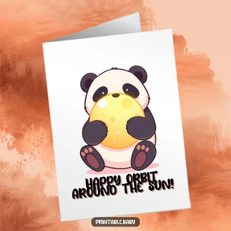 Funny Free Printable Panda Birthday Card: Sweet panda hugging a glowing planet, wishing a happy birthday.