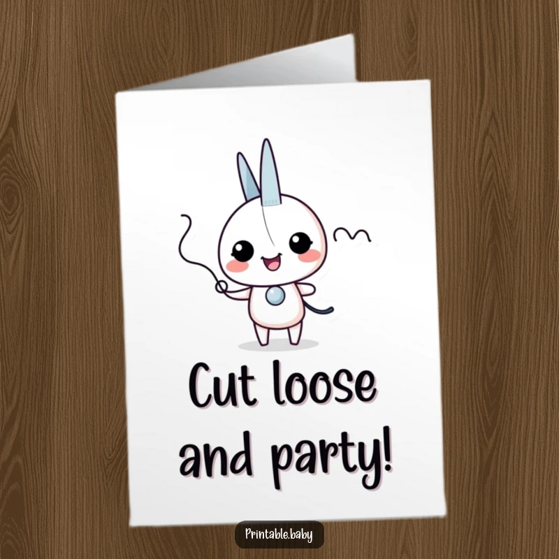 Funny Free Printable Birthday Card: Giggling scissors character excitedly snipping a wiggly, playful line.