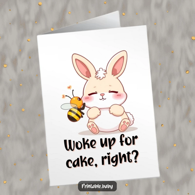 Funny Free Printable Birthday Card: Sleepy bunny's eyes pop open in shock as a bee buzzes near its twitching nose.