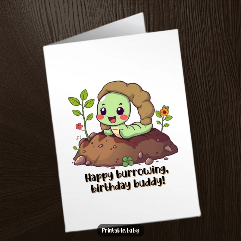 Funny Free Printable Birthday Card featuring a cheerful worm happily tunneling through colorful soil.