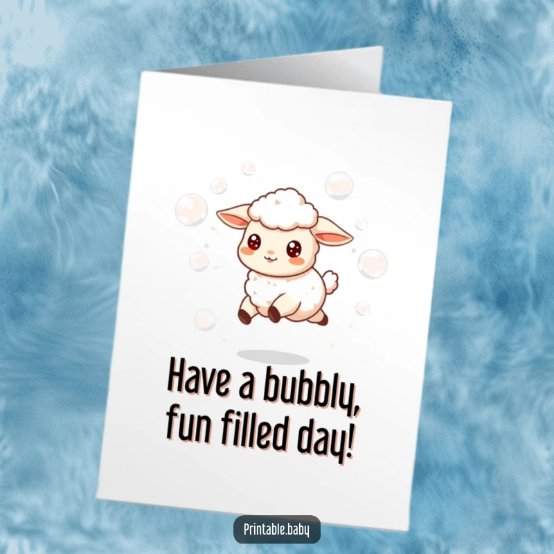 Funny Free Printable Birthday Card: A happy lamb skipping joyfully amidst a shower of colorful floating bubbles.