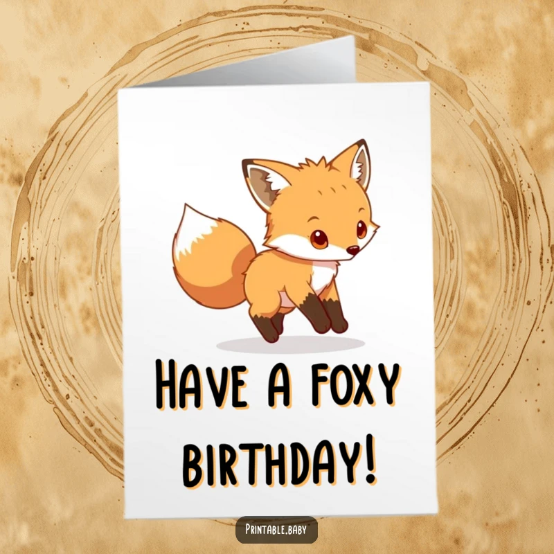 Funny Free Printable Birthday Card: A little fox cub playfully chases its own bushy tail, wishing happy birthday.