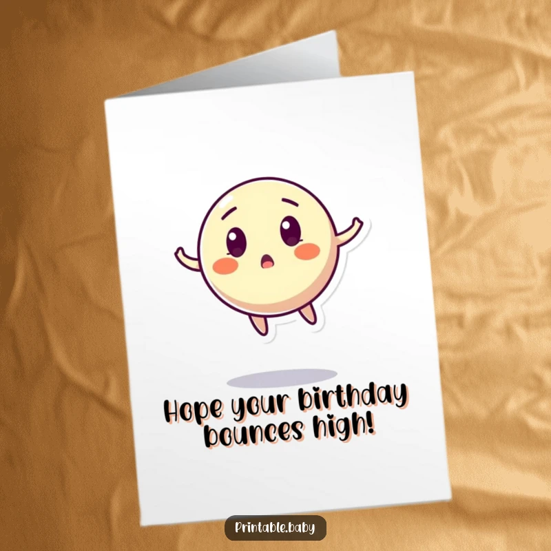 Funny Free Printable Birthday Card: A bouncing ball character with a surprised expression, captured mid-air.