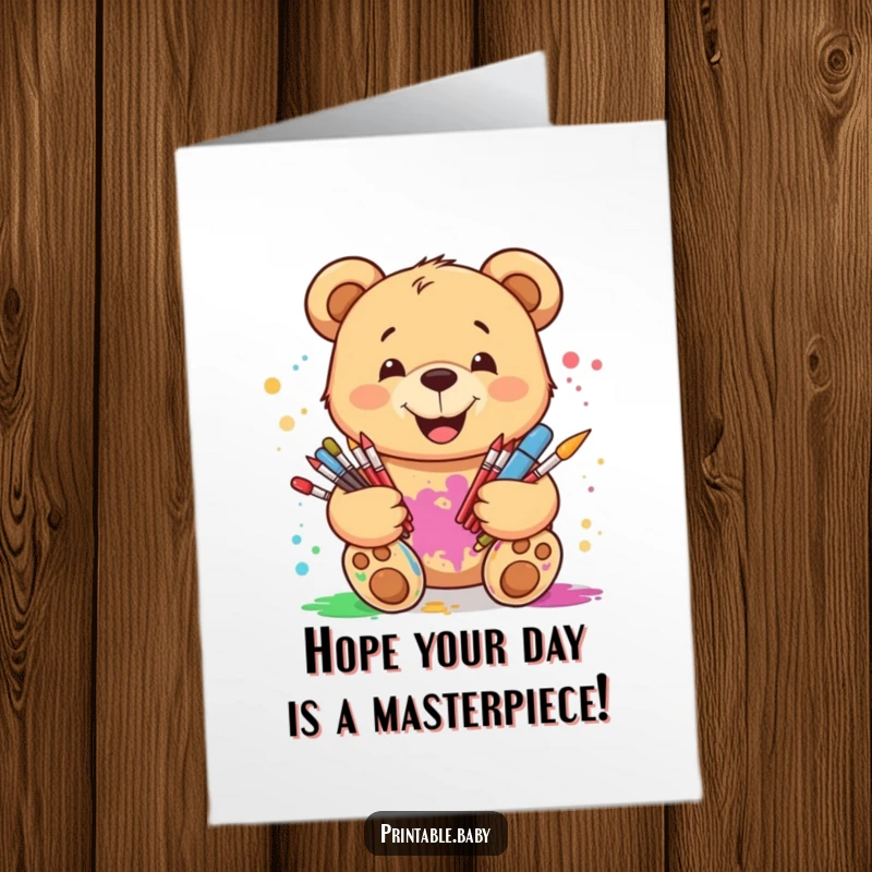 Funny Free Printable Birthday Card: Smiling teddy bear covered in paint splatters, holding art supplies, ready to party.