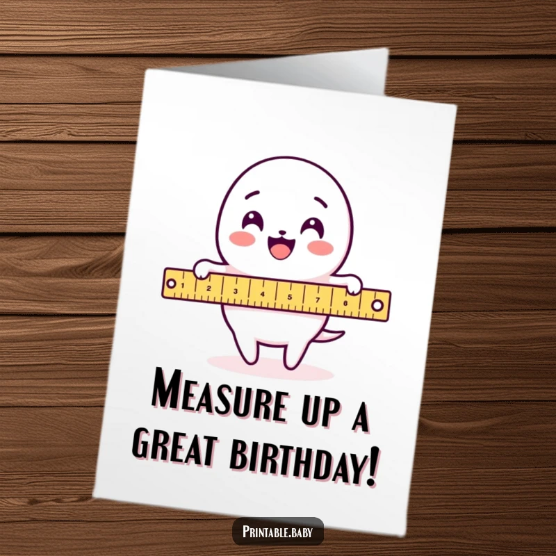 Funny Free Printable Birthday Card with a delighted ruler character merrily measuring a fun loop-de-loop pattern.