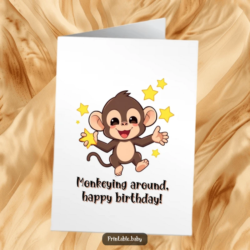 Funny Free Printable Monkey Birthday Card: A mischievous monkey juggling bright, glowing stars, wishing a happy birthday.