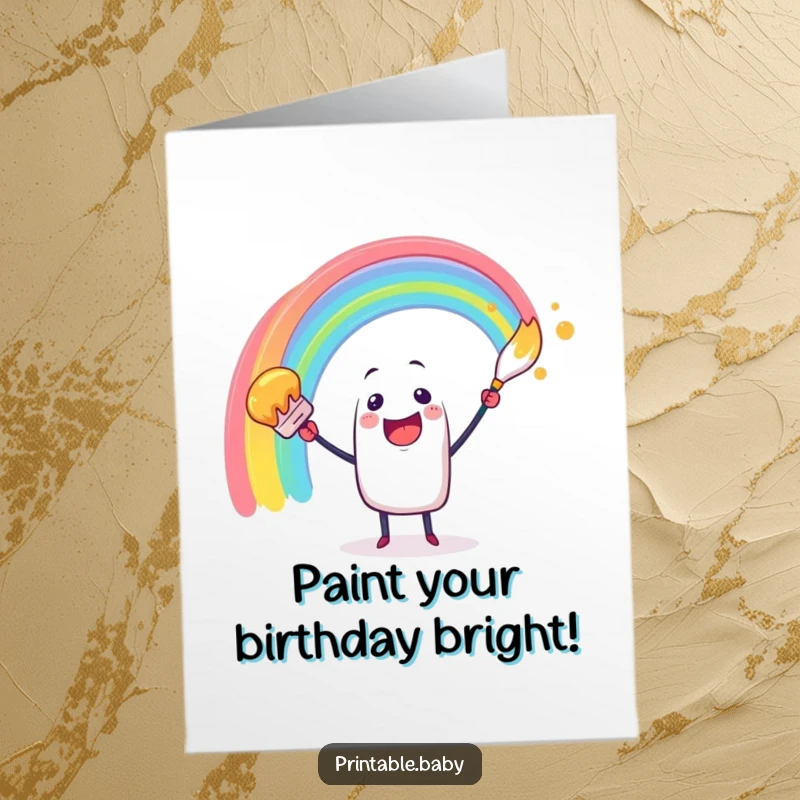 Funny Free Printable Birthday Card: Cheerful paintbrush character excitedly swirling a vibrant rainbow arc, artistic and joyful.