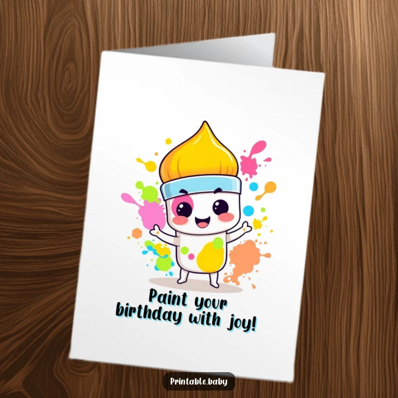 Funny Free Printable Birthday Card featuring a mischievous paintbrush character with a smirk, energetically splashing vibrant colors.