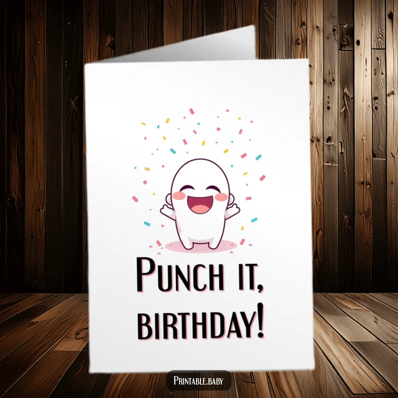 Funny Free Printable Hole Punch Birthday Card: A cheerful hole punch character laughs as colorful confetti rains down.