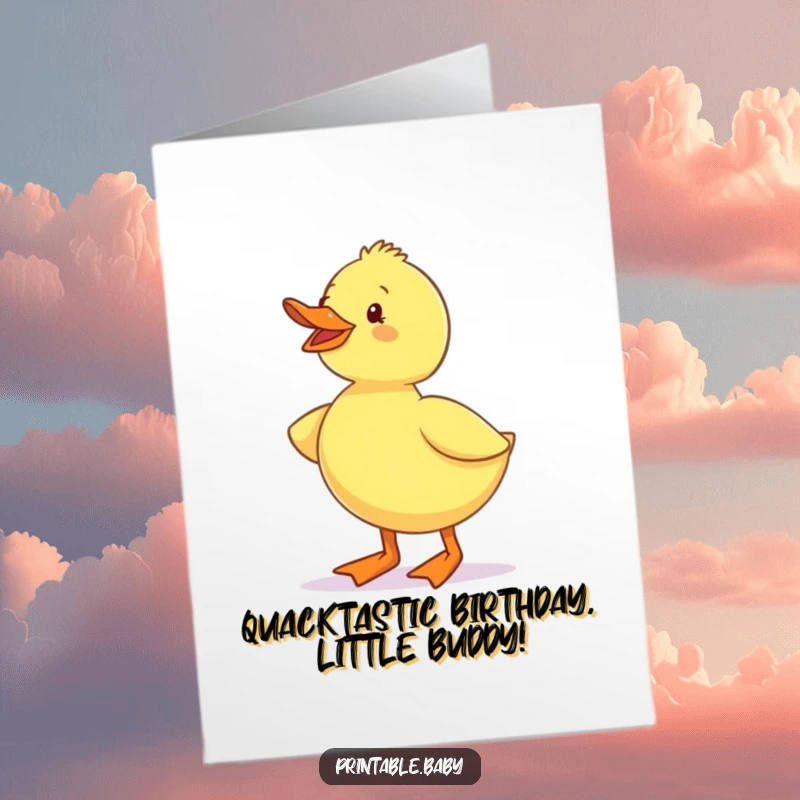 Funny Free Printable Birthday Card: Excited duckling waddling joyfully in tiny boots, ready to celebrate.