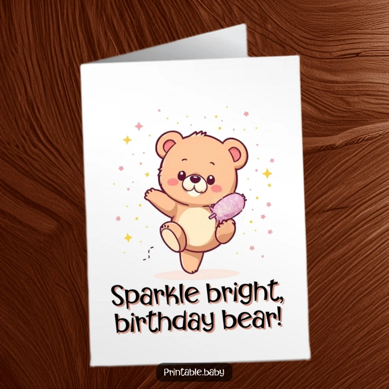 Funny Free Printable Birthday Card: Tiny bear cub kicking a huge glitter bomb, covered in colorful sparkles with a surprised look.