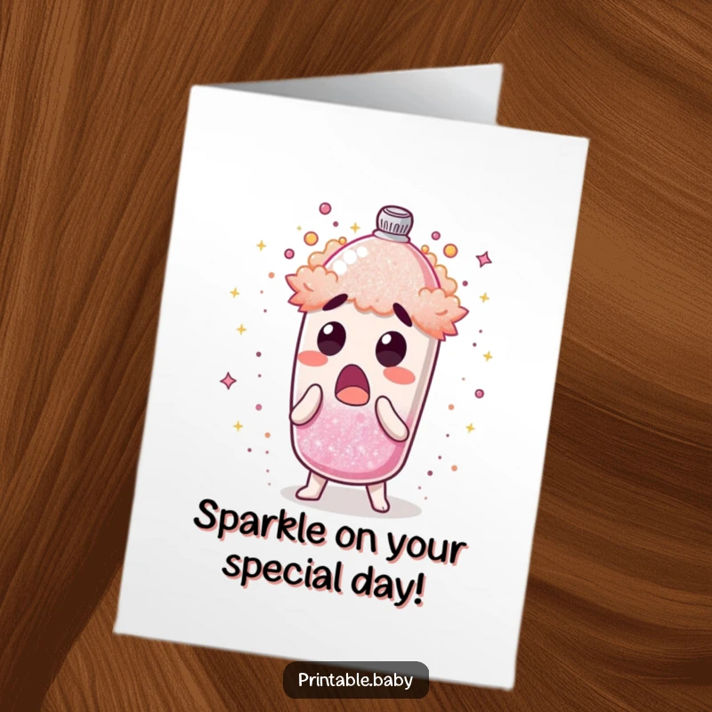 Funny Free Printable Birthday Card: A surprised glitter shaker character explodes with shimmering dust, spreading joy. Perfect for a festive celebration.