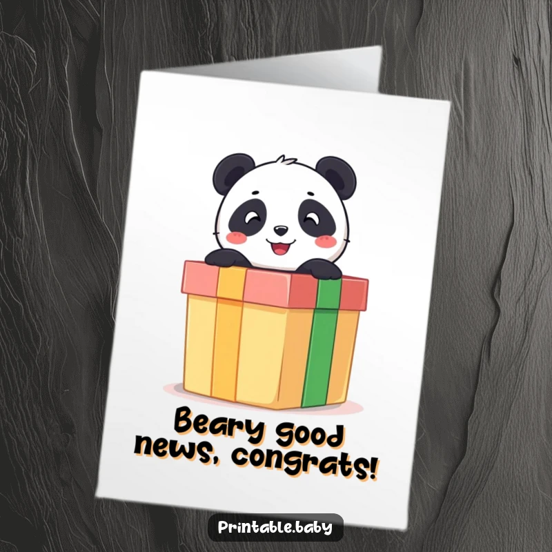 Free Printable Congratulations Card: Cute panda bear popping out of a large gift box, conveying joyful congratulations.