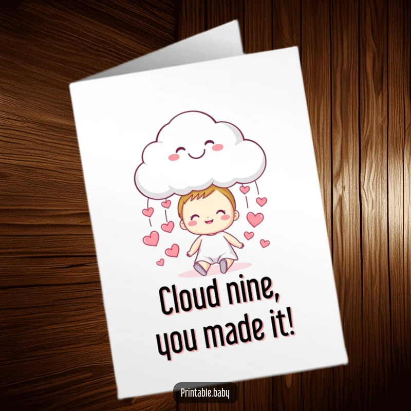 Free Printable Congratulations Card: A smiling cloud happily rains tiny hearts onto a beaming child, celebrating a wonderful achievement.