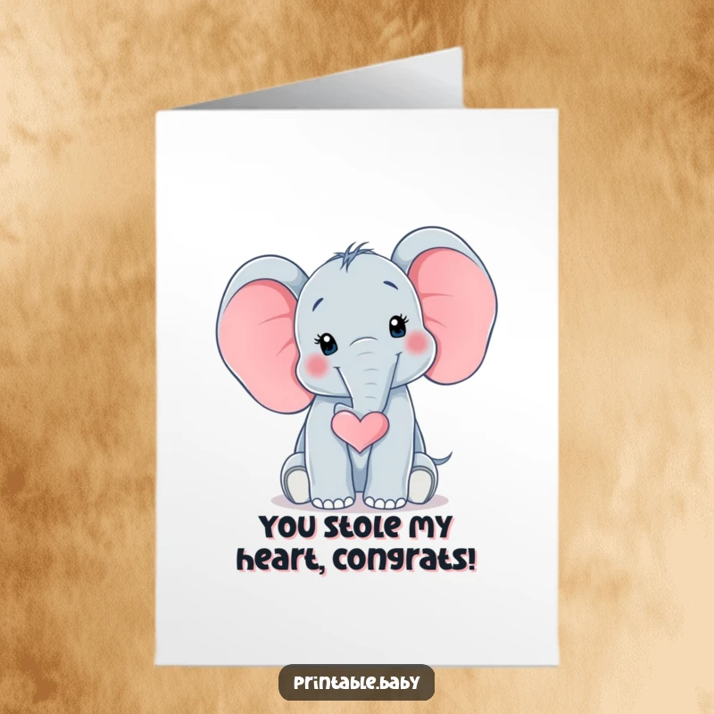 Funny Free Printable Congratulations Card: Baby elephant’s trunk creates a heart shape, expressing love and congratulations for a special occasion.
