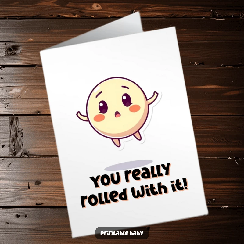 Free Printable Congratulations Card: A bouncing ball character with a surprised expression, caught mid-air.