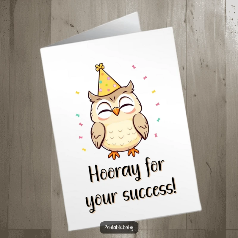 Free Printable Congratulations Card: Hooting owl in a party hat, surrounded by falling confetti, celebrating a wonderful achievement.