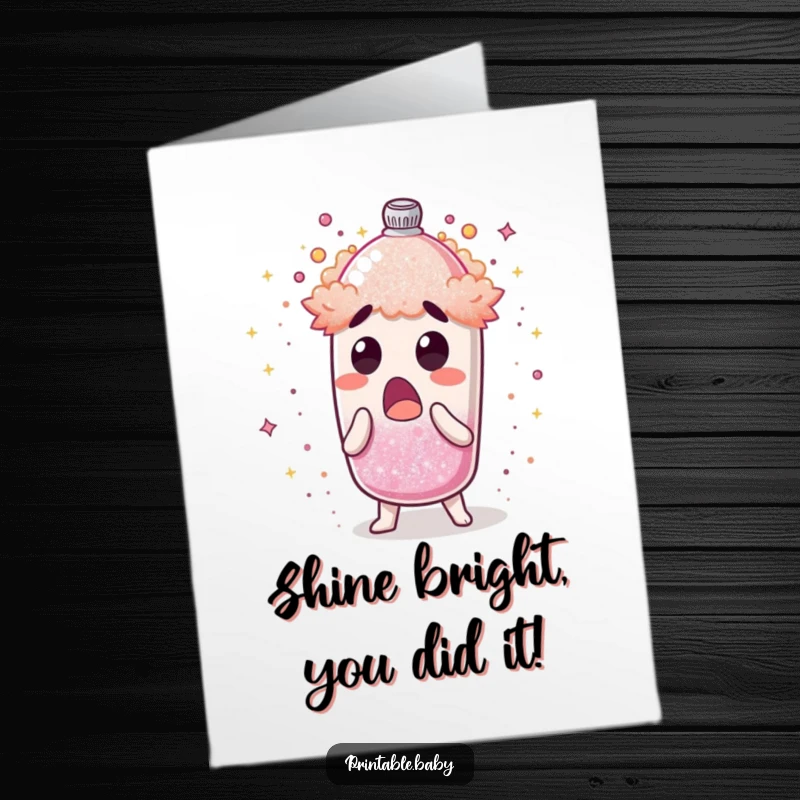 Funny Free Printable Congrats Card: A glitter shaker character erupts with shimmering dust, symbolizing exciting news. A dazzling way to say congrats.