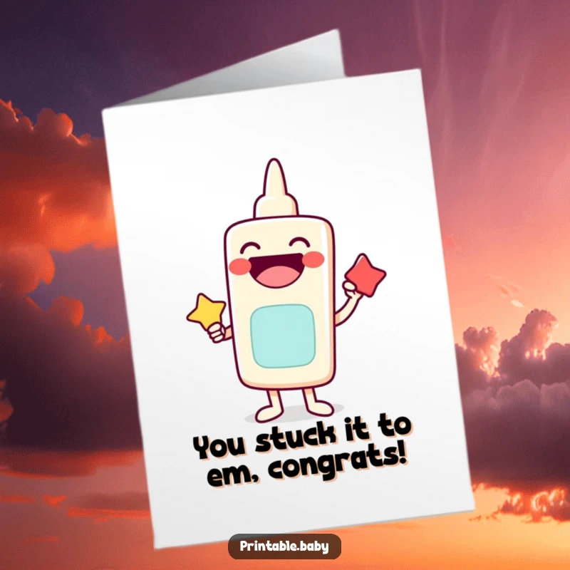 Funny Free Printable Congratulations Card: A laughing glue stick character bonds two shapes with glee.