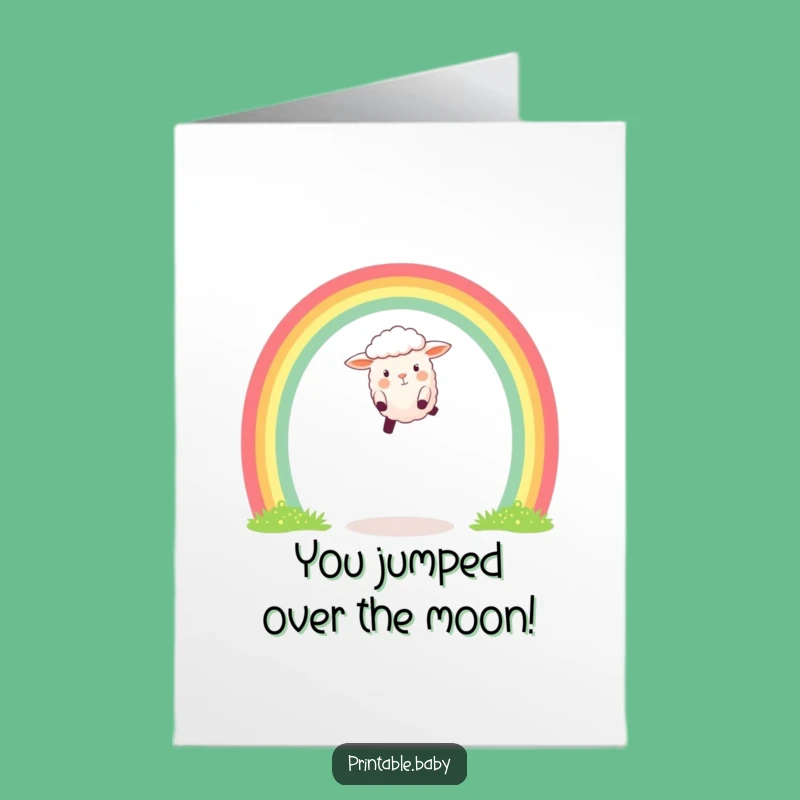 Free Printable Congrats Card: Sheep Rainbow Leap Success Downloadable