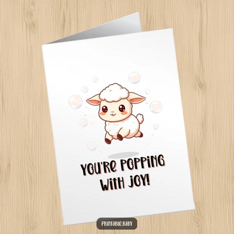 Funny Free Printable Congratulations Card: A lamb leaping with glee surrounded by effervescent bubbles, celebrating great news.