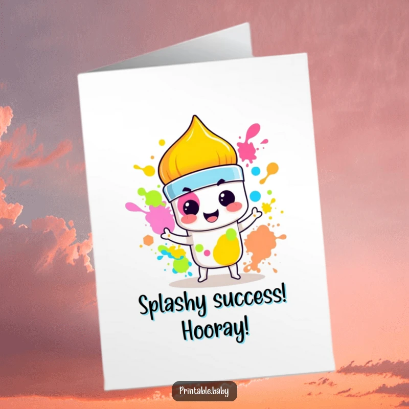 Funny Free Printable Congratulations Card with a mischievous paintbrush character smirking while splashing a riot of vibrant colors.