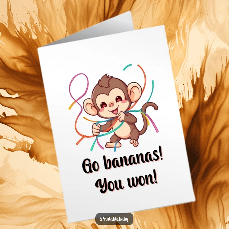 Funny Free Printable Congratulations Card of a monkey comically tangled in streamers, celebrating a big win.